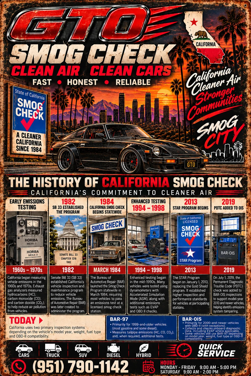 GTO Smog Check vintage dark textured logo artwork