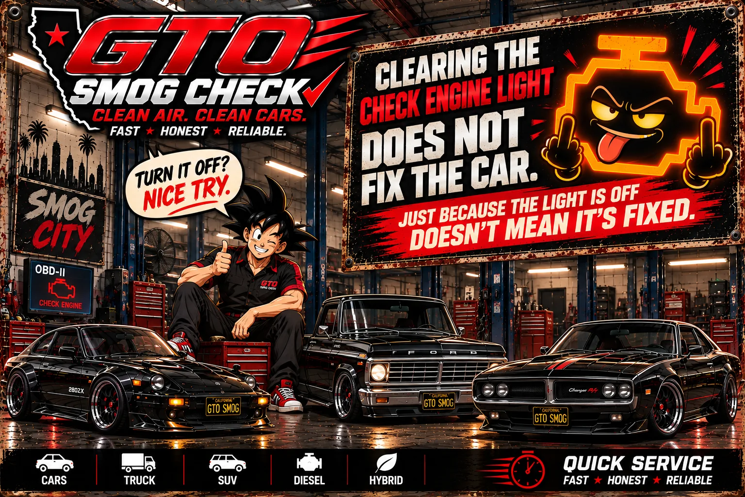 GTO check engine light awareness illustration